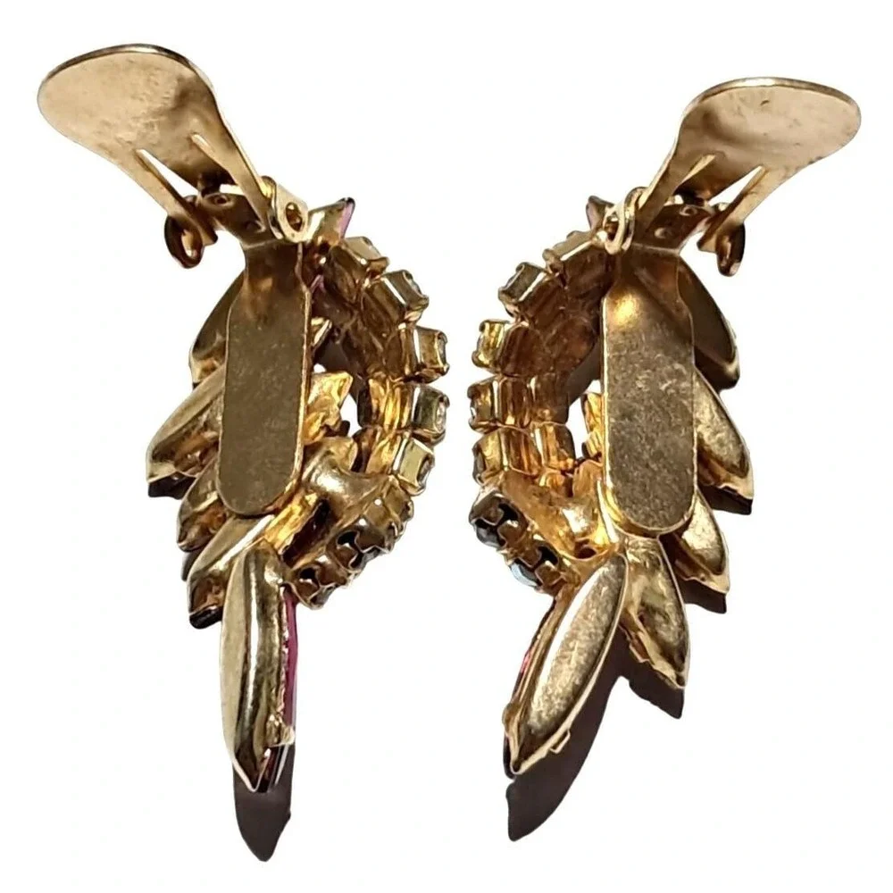 Vintage Pink Rhinestone Earrings with Aurora Borealis Ear Climbers Gold Tone Cli